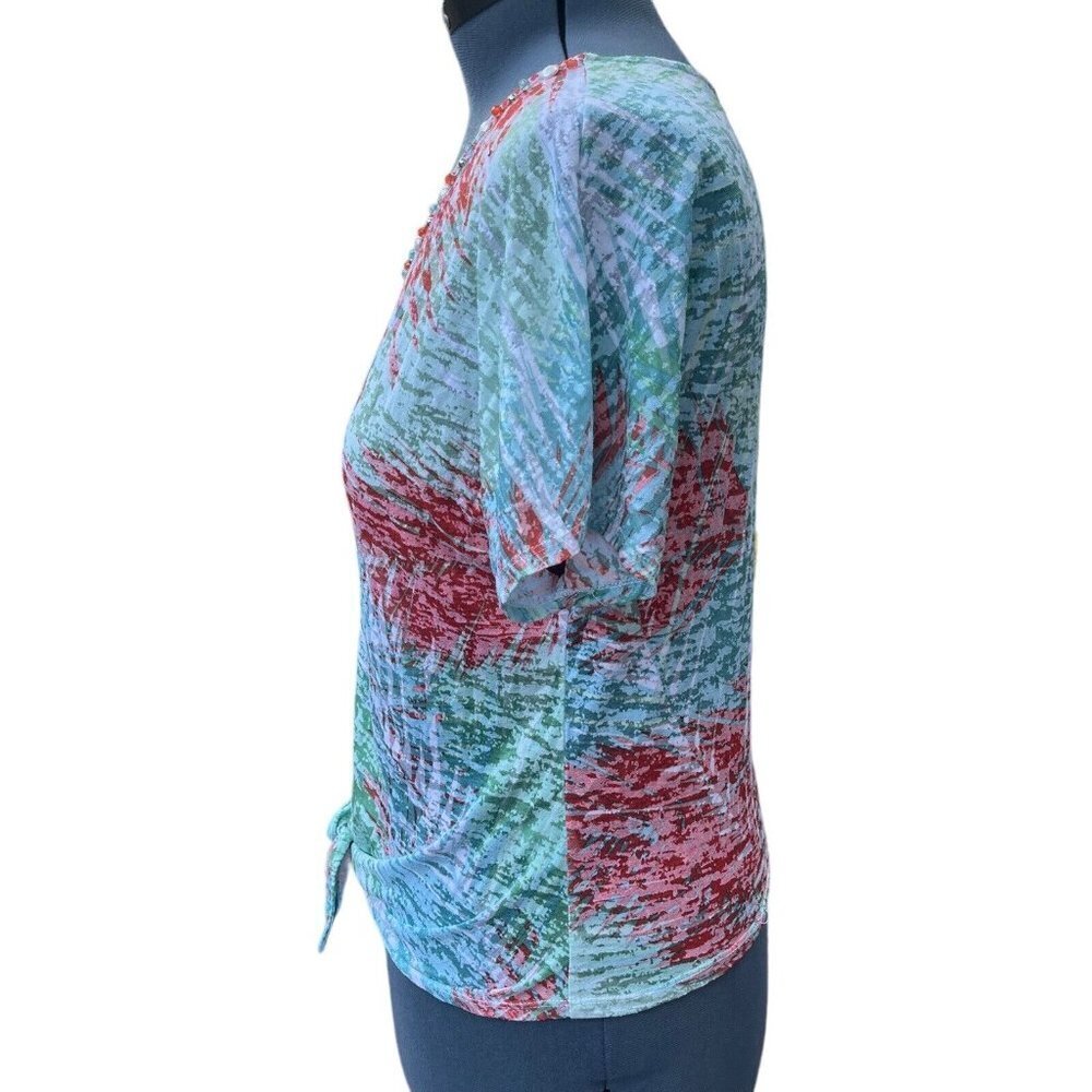 LARA LANE Petites Tie-Front Top Size PL Multicolor Scoop Neck Gemmed Burn-Out - Picture 3 of 14